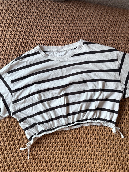 Zara Tops - Zara Striped Cinch Waist Crop Top Black White Tee Size 13-14 / XS